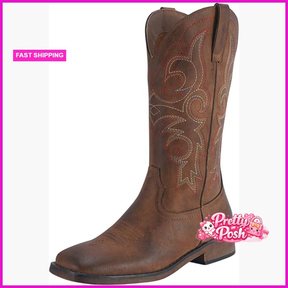 Women's Fashion Western Cowboy Boots Wide Square Toe Mid Calf